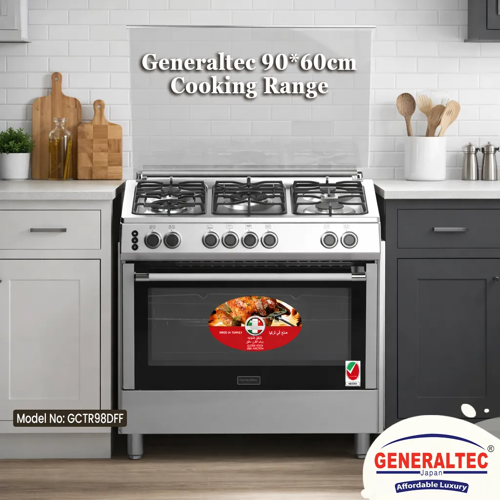 Generaltec GCTR98DFF 90×60 Free Standing Gas Cooker UAE – 5 Burner Cooker with Oven & Gas Safety System